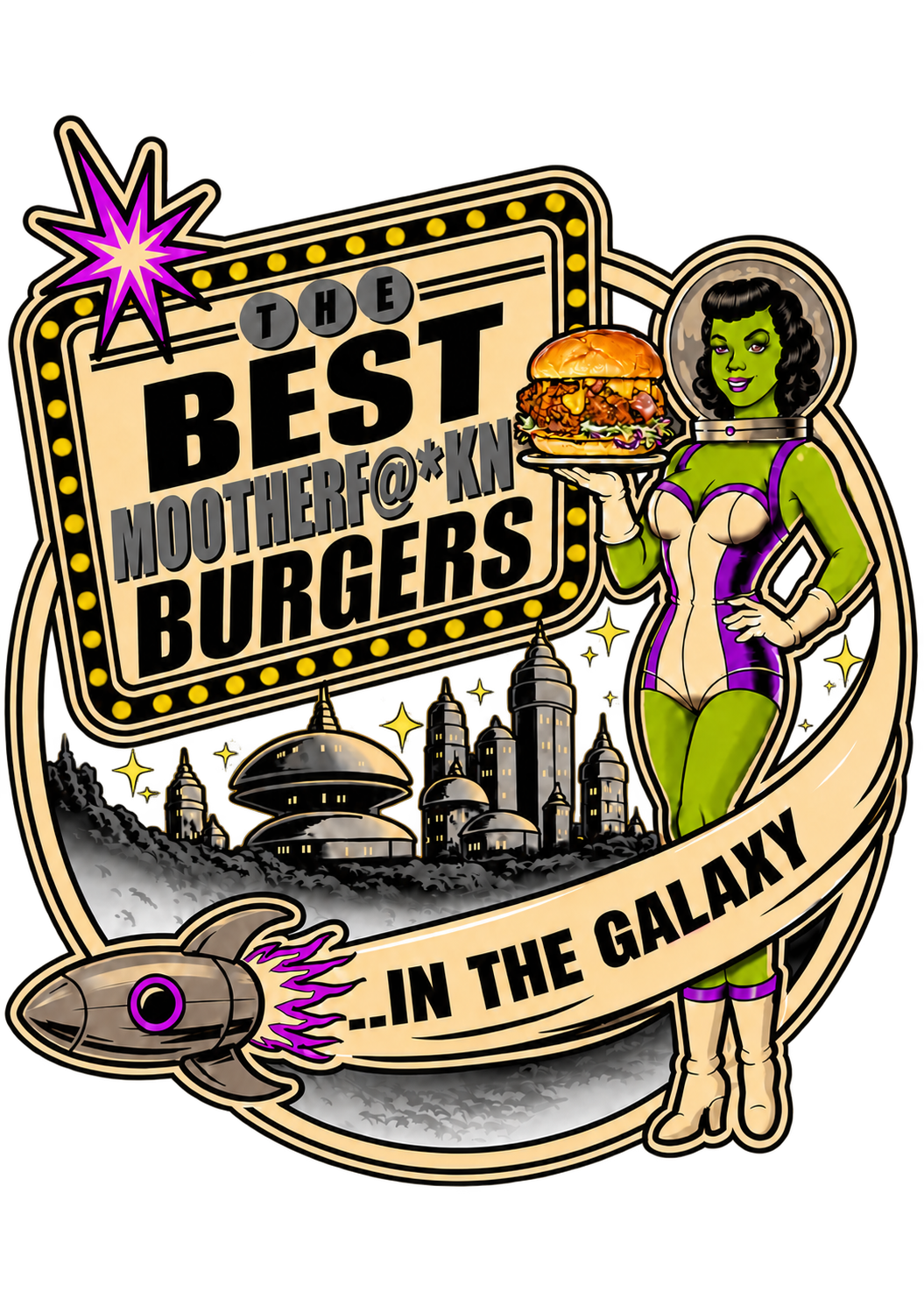 Retro spacewoman and marquee celebrating the best burgers in the galaxy