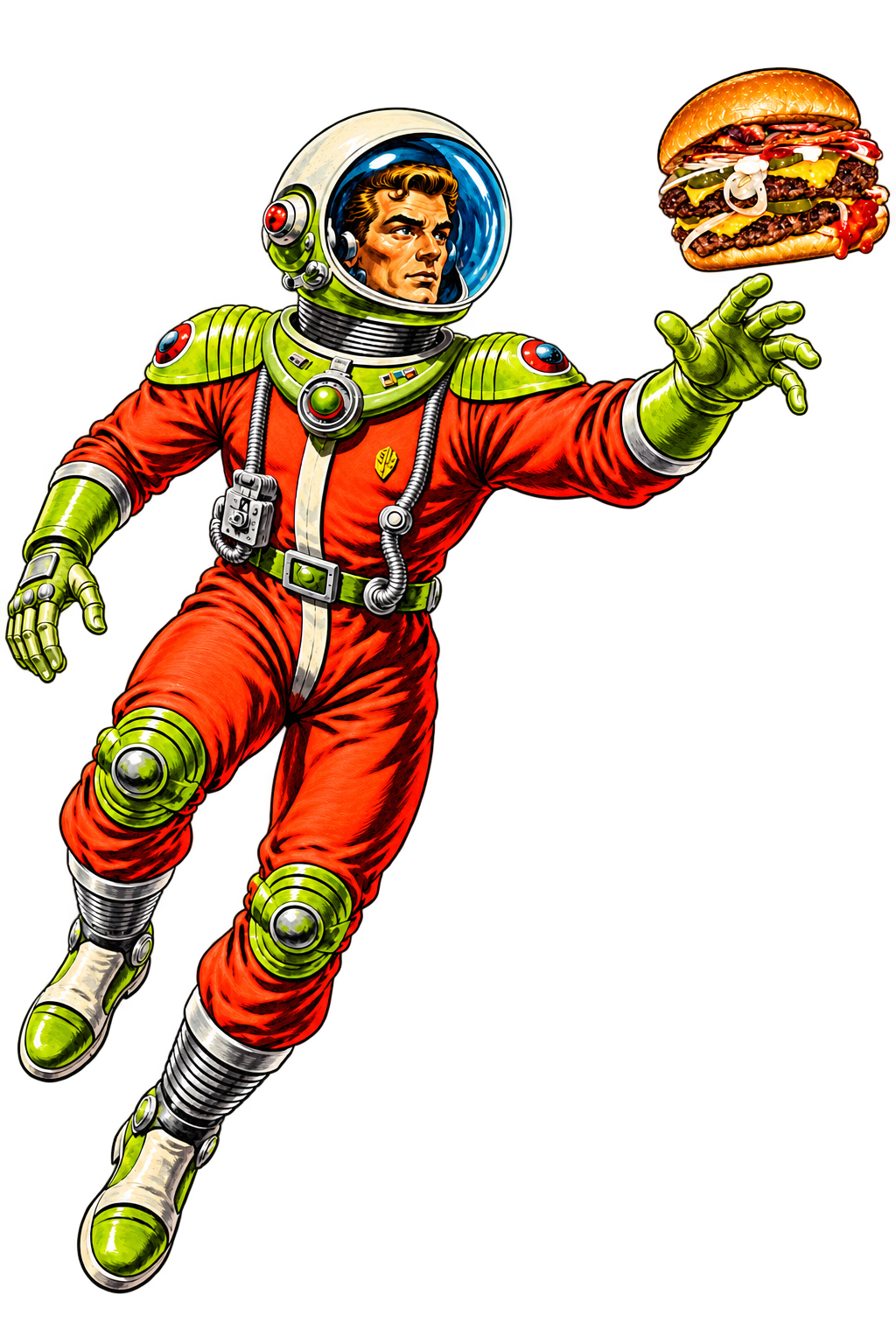 Retro orange astronaut reaching toward a floating Meateor burger