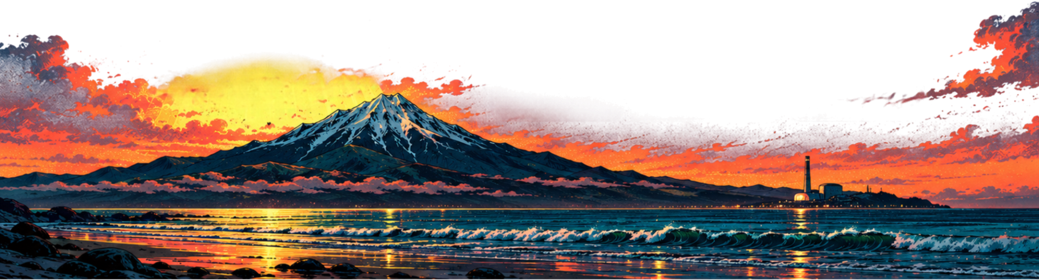 Illustrated view of Taranaki and the coast at sunset
