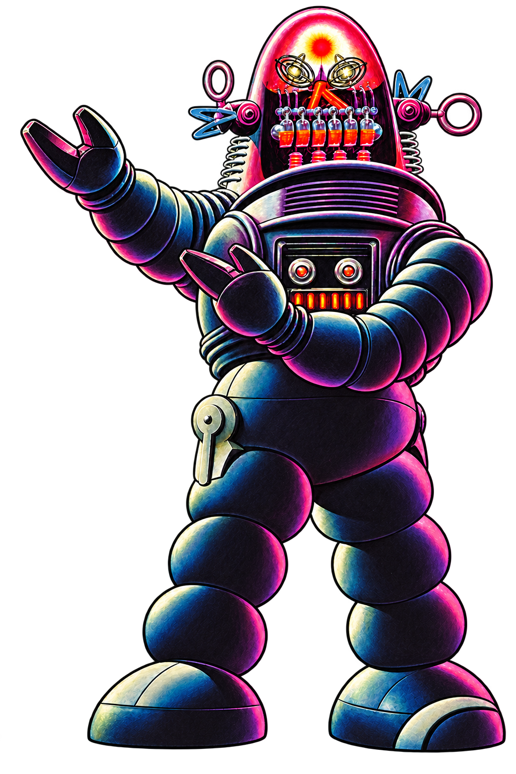 A retro purple robot gesturing toward the customer review
